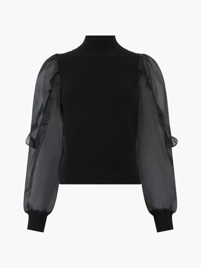 French Connection Krista Organza Puff Sleeve Top Blackout Women Jumpers and Cardigans