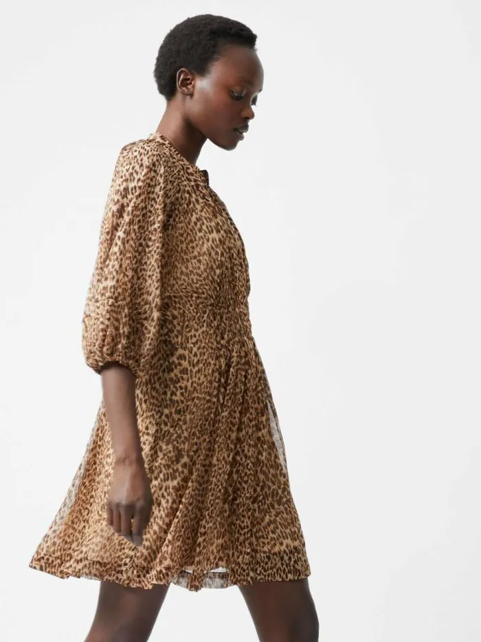 French Connection Leopard Print Pleat Waist Mini Dress Tan Women Dresses