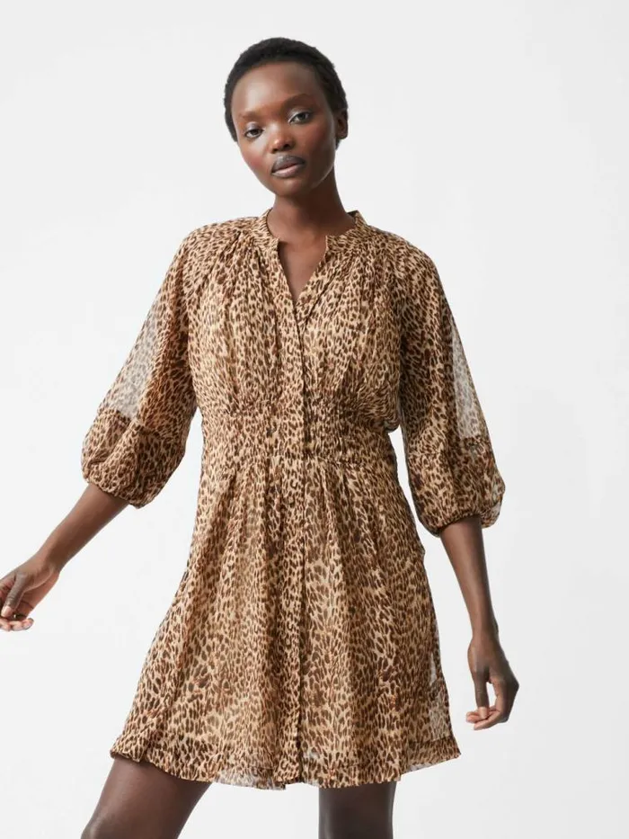 French Connection Leopard Print Pleat Waist Mini Dress Tan Women Dresses