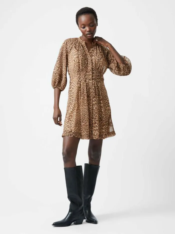 French Connection Leopard Print Pleat Waist Mini Dress Tan Women Dresses