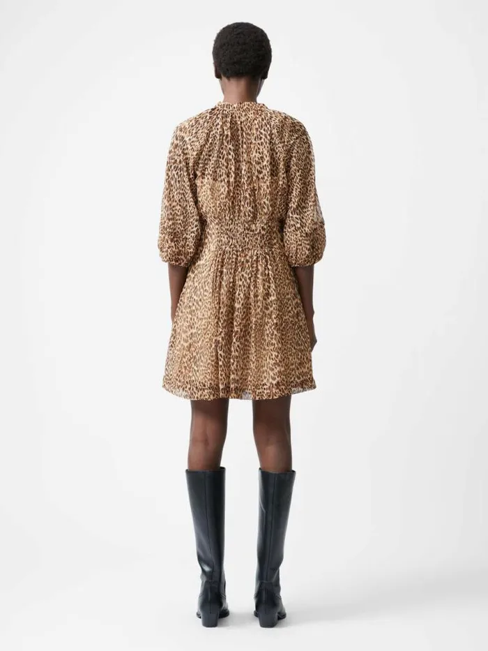 French Connection Leopard Print Pleat Waist Mini Dress Tan Women Dresses
