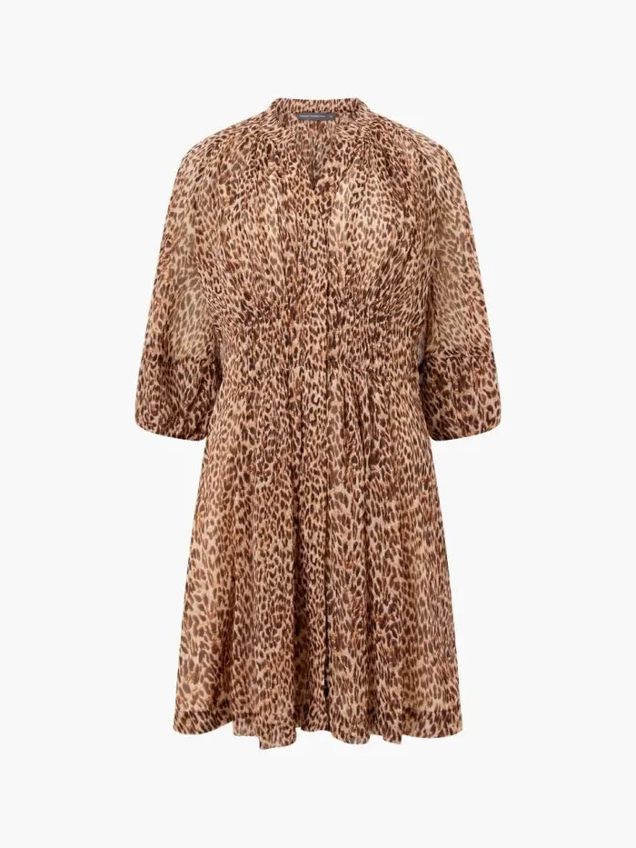 French Connection Leopard Print Pleat Waist Mini Dress Tan Women Dresses