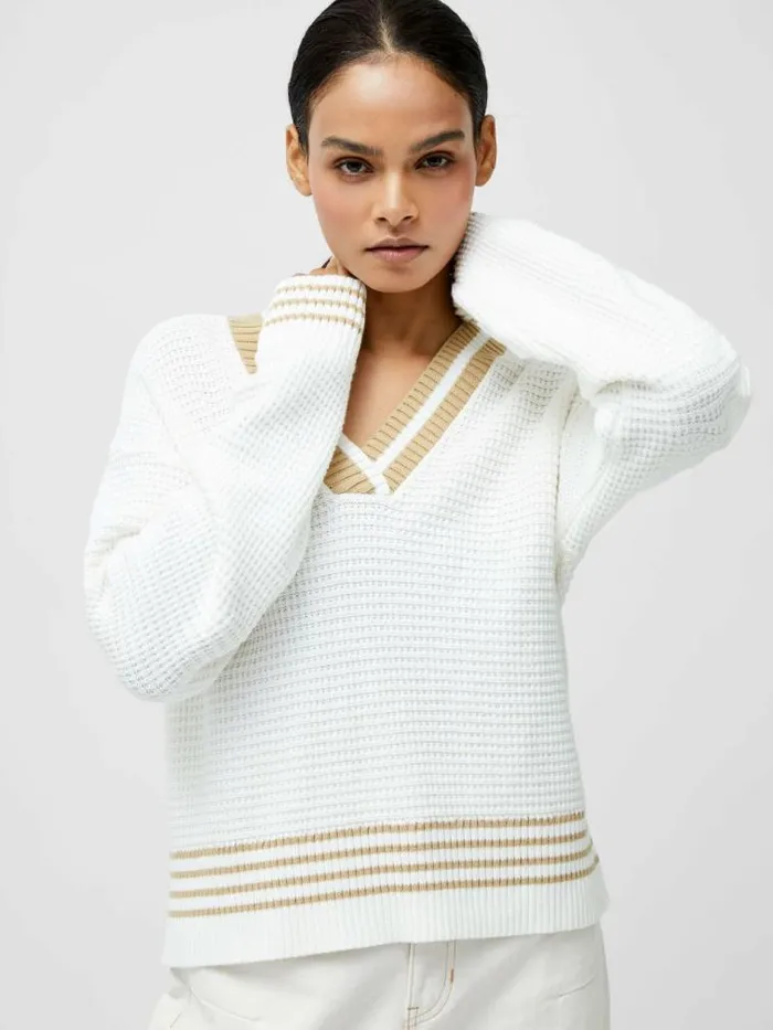 French Connection Lily Long Sleeve Varsity V Neck Jumper Summer Whitesand Women Jumpers and Cardigans French Connection Lily Long Sleeve Varsity V Neck Jumper Summer Whitesand Women Jumpers and Cardigans