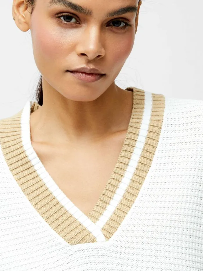 French Connection Lily Long Sleeve Varsity V Neck Jumper Summer Whitesand Women Jumpers and Cardigans