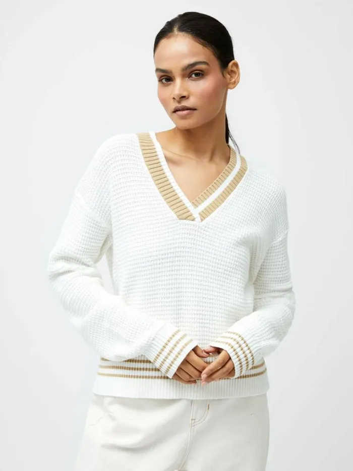 French Connection Lily Long Sleeve Varsity V Neck Jumper Summer Whitesand Women Jumpers and Cardigans