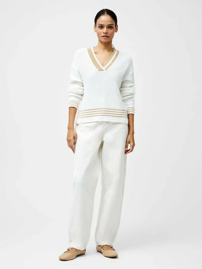 French Connection Lily Long Sleeve Varsity V Neck Jumper Summer Whitesand Women Jumpers and Cardigans
