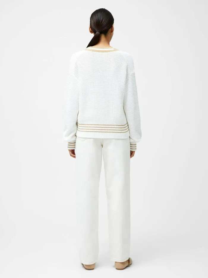 French Connection Lily Long Sleeve Varsity V Neck Jumper Summer Whitesand Women Jumpers and Cardigans