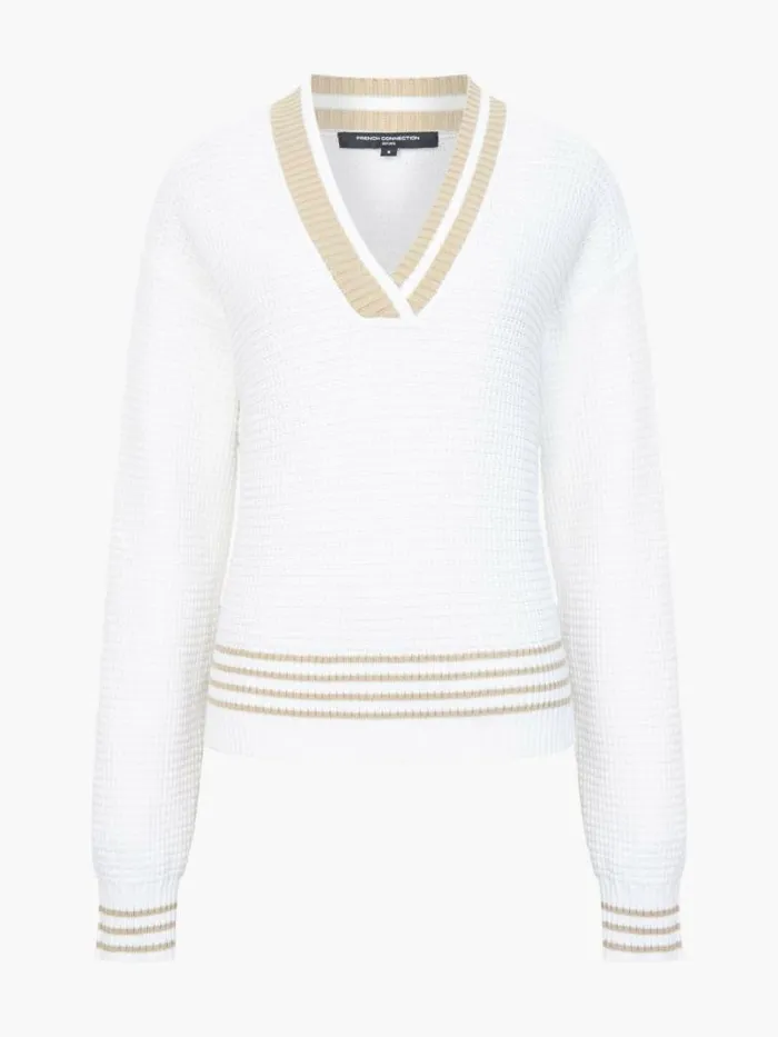 French Connection Lily Long Sleeve Varsity V Neck Jumper Summer Whitesand Women Jumpers and Cardigans