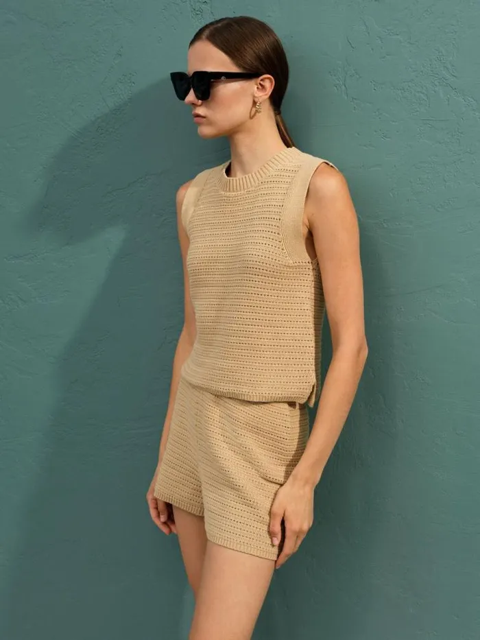 French Connection Lumi Mozart Crochet Vest Biscotti Women Tops
