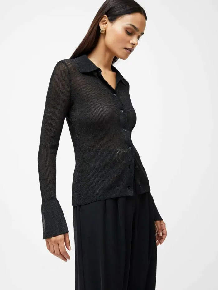French Connection Lurex Mix Collared Top Black Women Tops