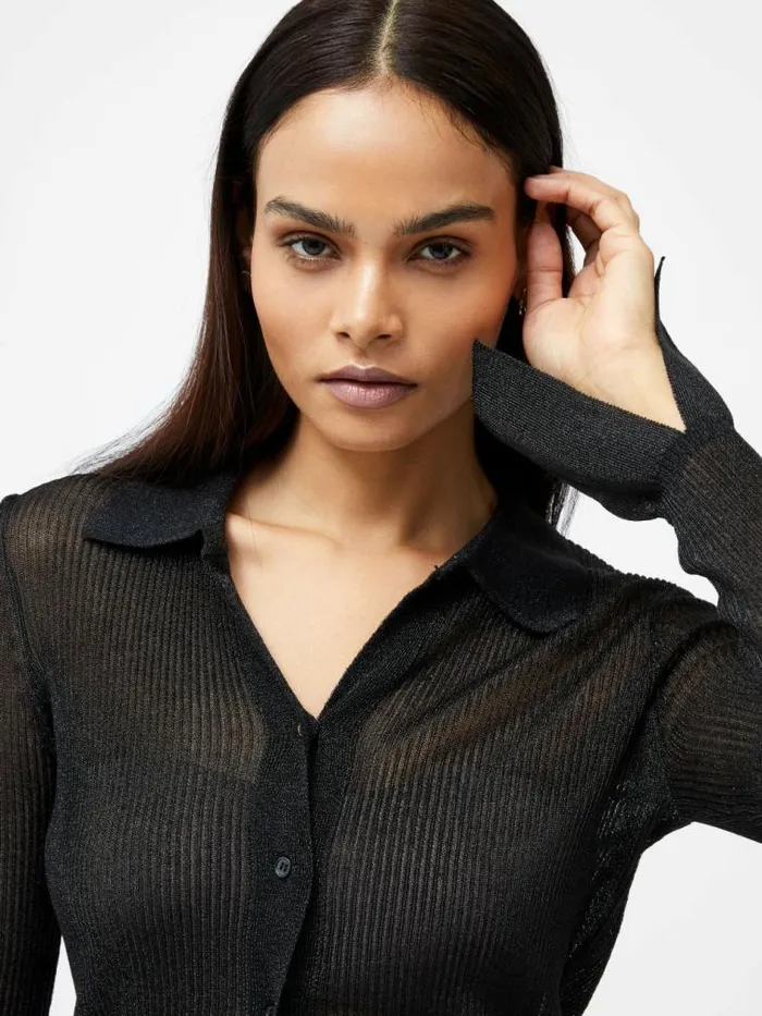 French Connection Lurex Mix Collared Top Black Women Tops