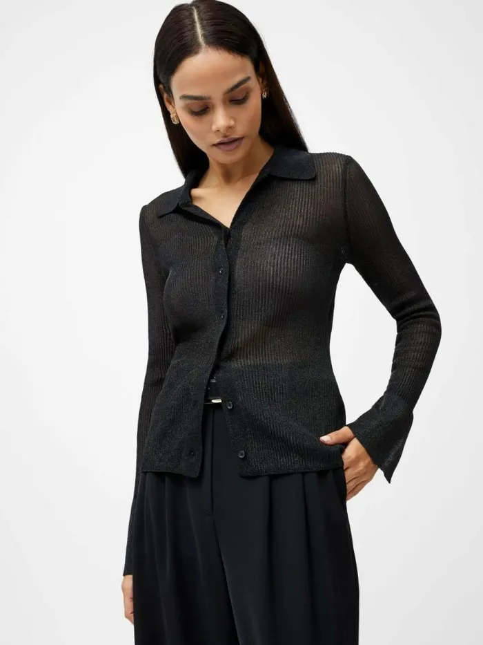 French Connection Lurex Mix Collared Top Black Women Tops