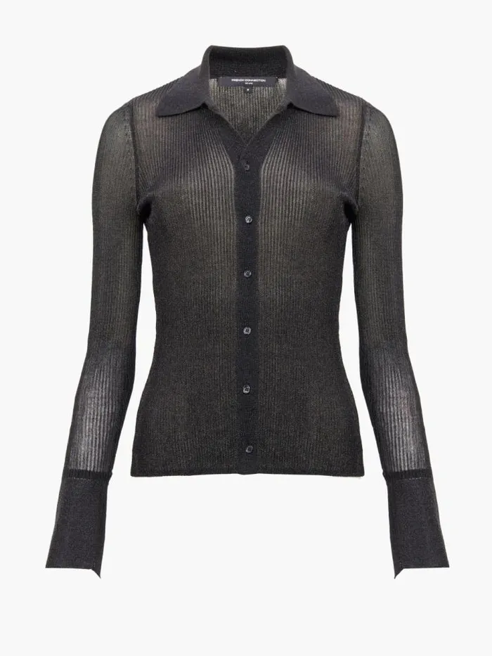 French Connection Lurex Mix Collared Top Black Women Tops