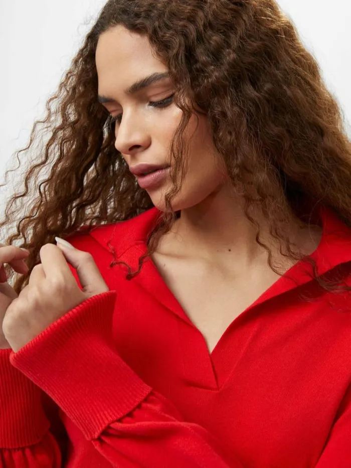 French Connection Mozza Collared Knit Midi Dress Scarlet Red Women Dresses