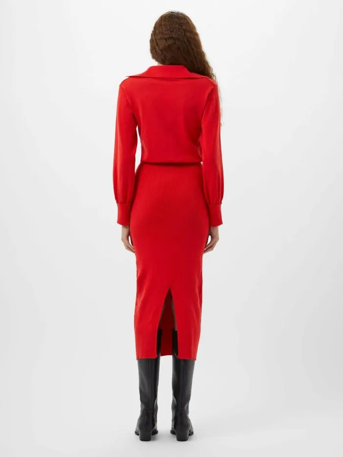 French Connection Mozza Collared Knit Midi Dress Scarlet Red Women Dresses