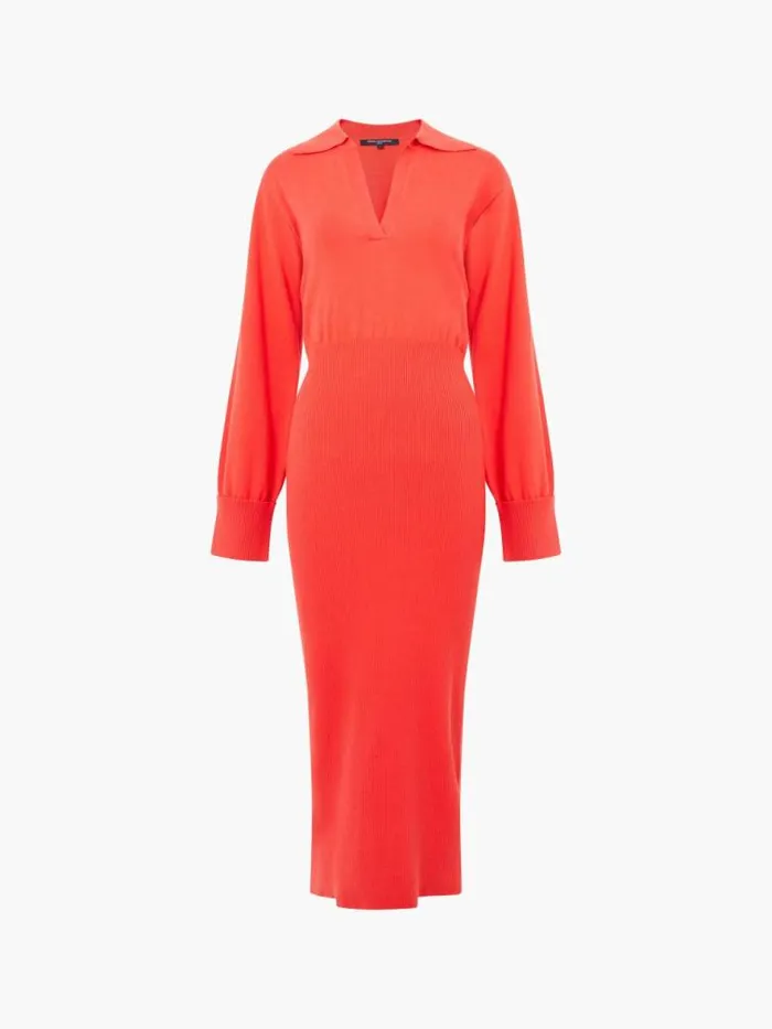 French Connection Mozza Collared Knit Midi Dress Scarlet Red Women Dresses