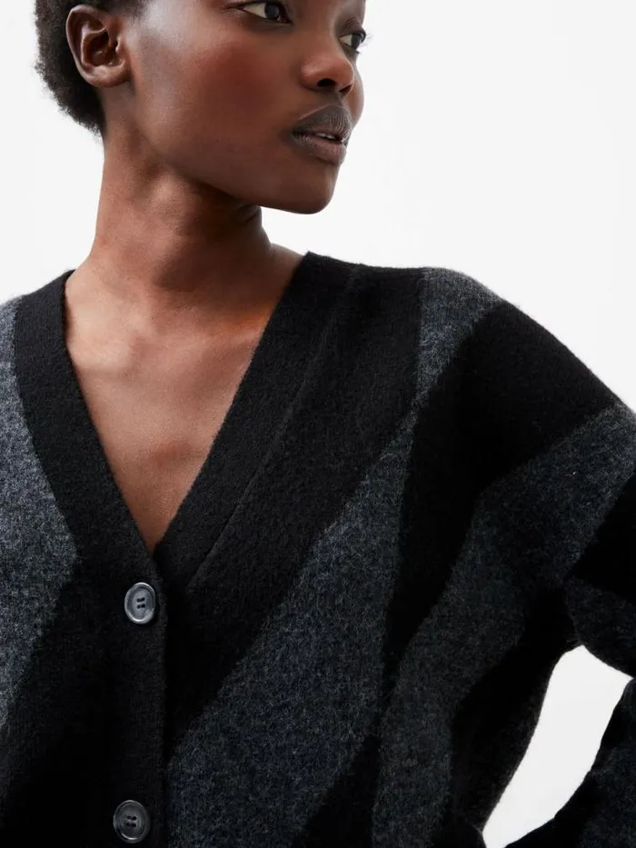 French Connection Nicola Recycled Brushed Check Cardigan Blackoutdove Grey Women Jumpers and Cardigans
