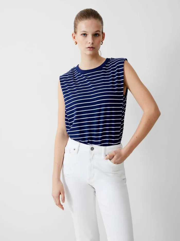 French Connection Padded Shoulder Stripe Tank Top Dk Navywhite Women Tops