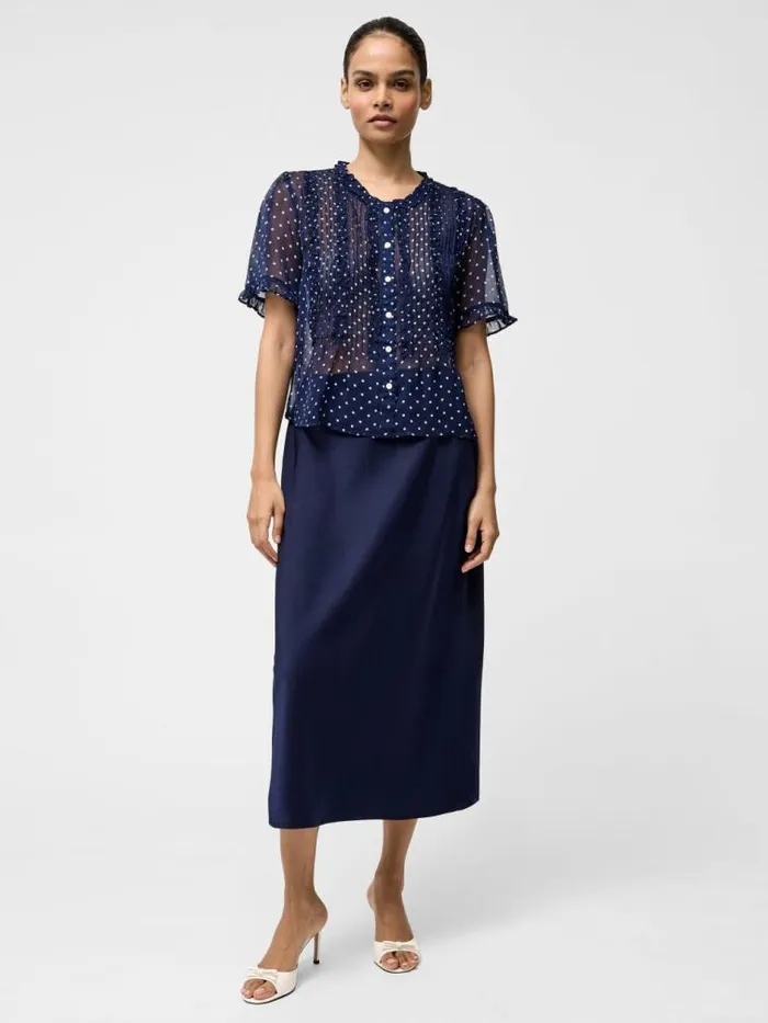 French Connection Polka Dot Short Sleeve Ruffle Top Midnightsummer White Women Tops