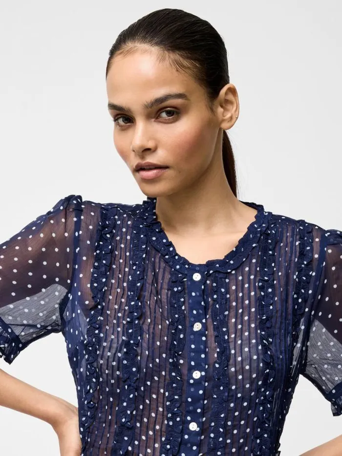 French Connection Polka Dot Short Sleeve Ruffle Top Midnightsummer White Women Tops