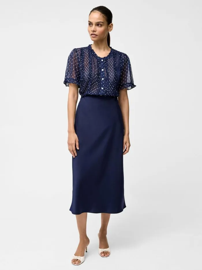 French Connection Polka Dot Short Sleeve Ruffle Top Midnightsummer White Women Tops