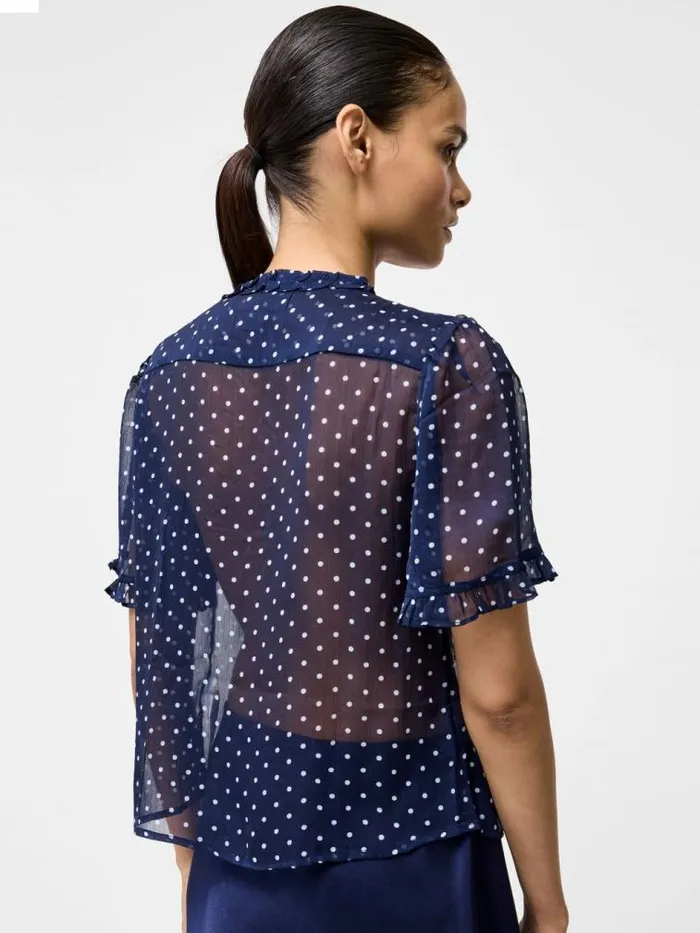 French Connection Polka Dot Short Sleeve Ruffle Top Midnightsummer White Women Tops
