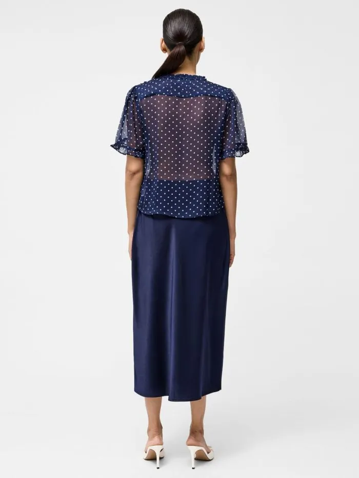 French Connection Polka Dot Short Sleeve Ruffle Top Midnightsummer White Women Tops