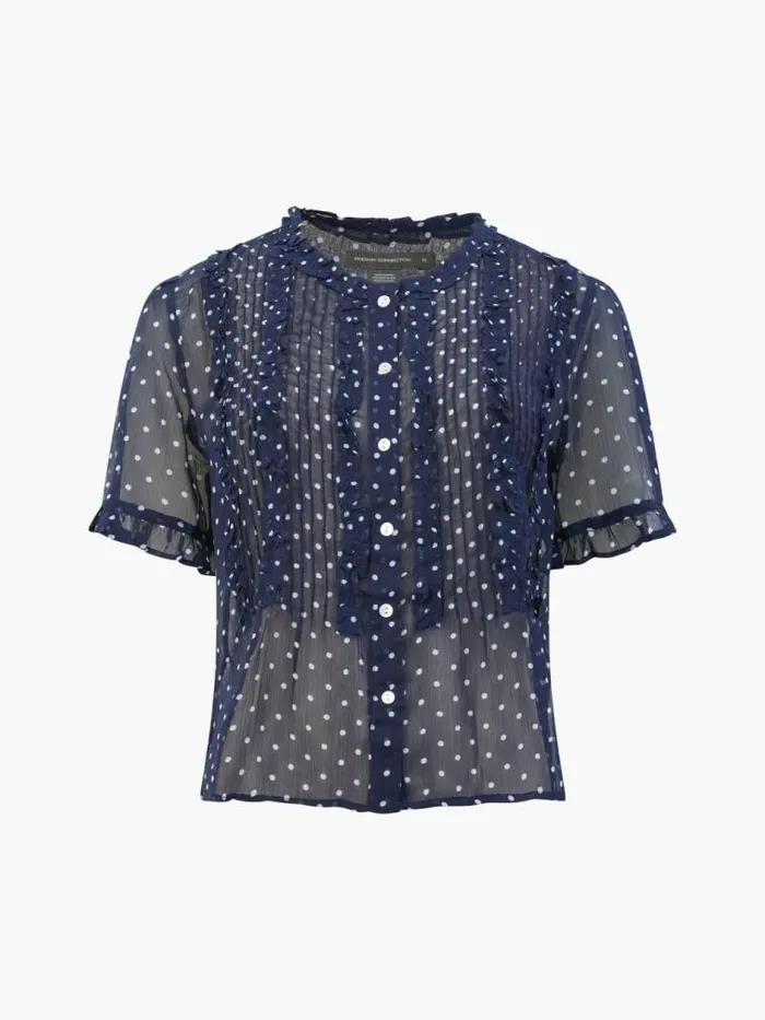 French Connection Polka Dot Short Sleeve Ruffle Top Midnightsummer White Women Tops