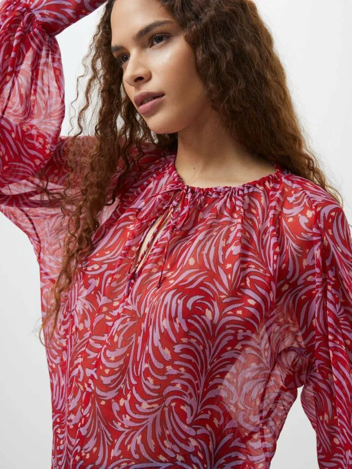French Connection Printed Chiffon Keyhole Long Sleeve Top Scarlet Red Multi Women Tops French Connection Printed Chiffon Keyhole Long Sleeve Top Scarlet Red Multi Women Tops
