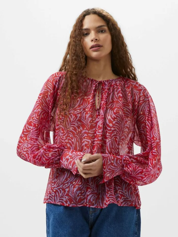 French Connection Printed Chiffon Keyhole Long Sleeve Top Scarlet Red Multi Women Tops