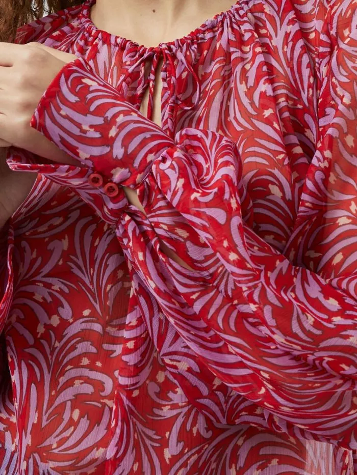 French Connection Printed Chiffon Keyhole Long Sleeve Top Scarlet Red Multi Women Tops