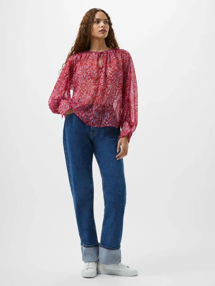 French Connection Printed Chiffon Keyhole Long Sleeve Top Scarlet Red Multi Women Tops