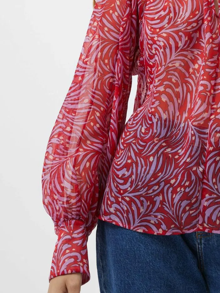French Connection Printed Chiffon Keyhole Long Sleeve Top Scarlet Red Multi Women Tops