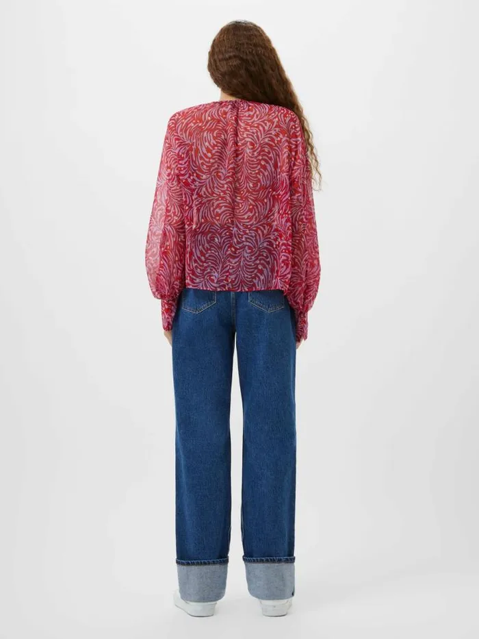 French Connection Printed Chiffon Keyhole Long Sleeve Top Scarlet Red Multi Women Tops