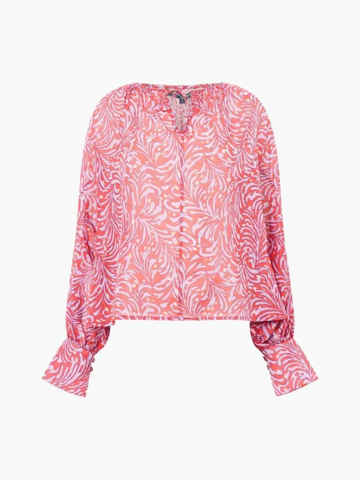 French Connection Printed Chiffon Keyhole Long Sleeve Top Scarlet Red Multi Women Tops
