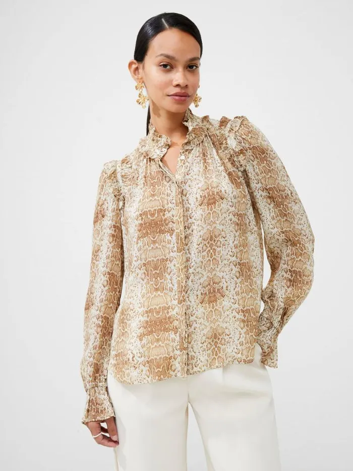 French Connection Snake Smooth Georgette Ruffle Shirt Snake Women Tops