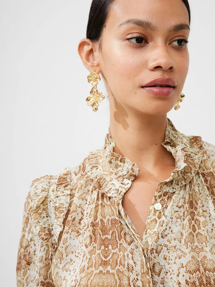 French Connection Snake Smooth Georgette Ruffle Shirt Snake Women Tops