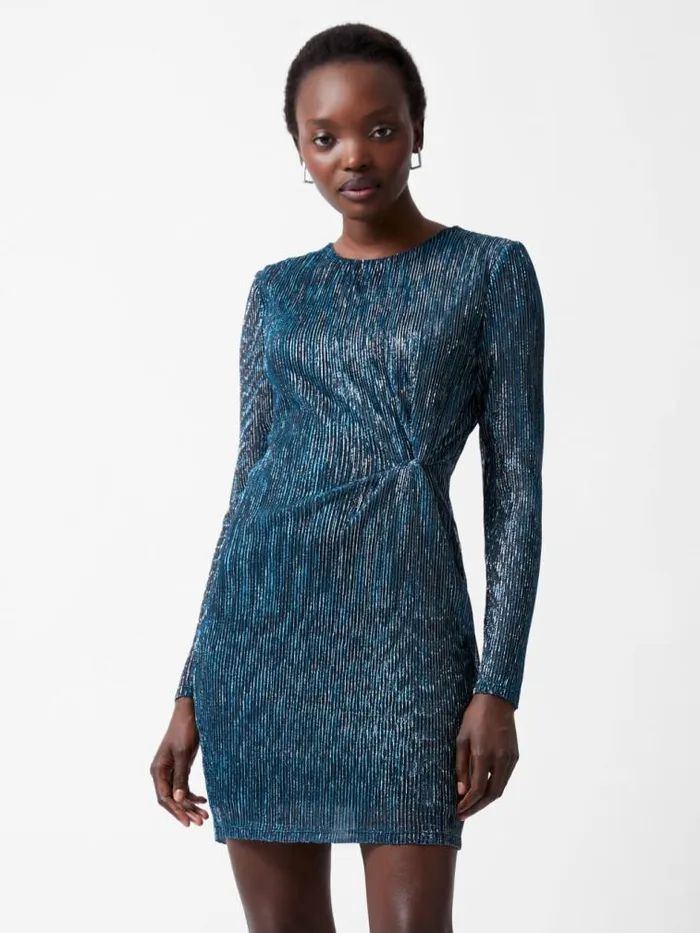 French Connection Tamy Lurex Long Sleeve Fitted Mini Dress Silver Women Dresses