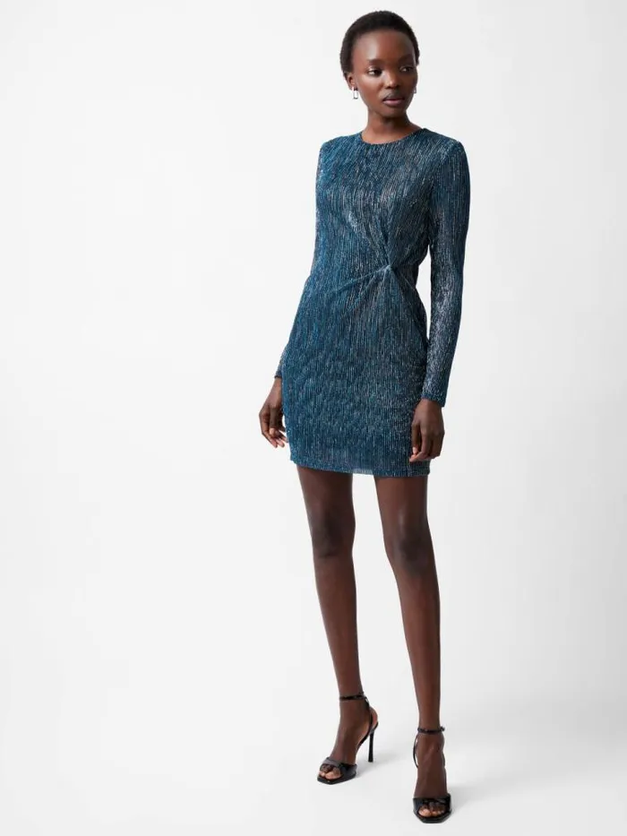 French Connection Tamy Lurex Long Sleeve Fitted Mini Dress Silver Women Dresses