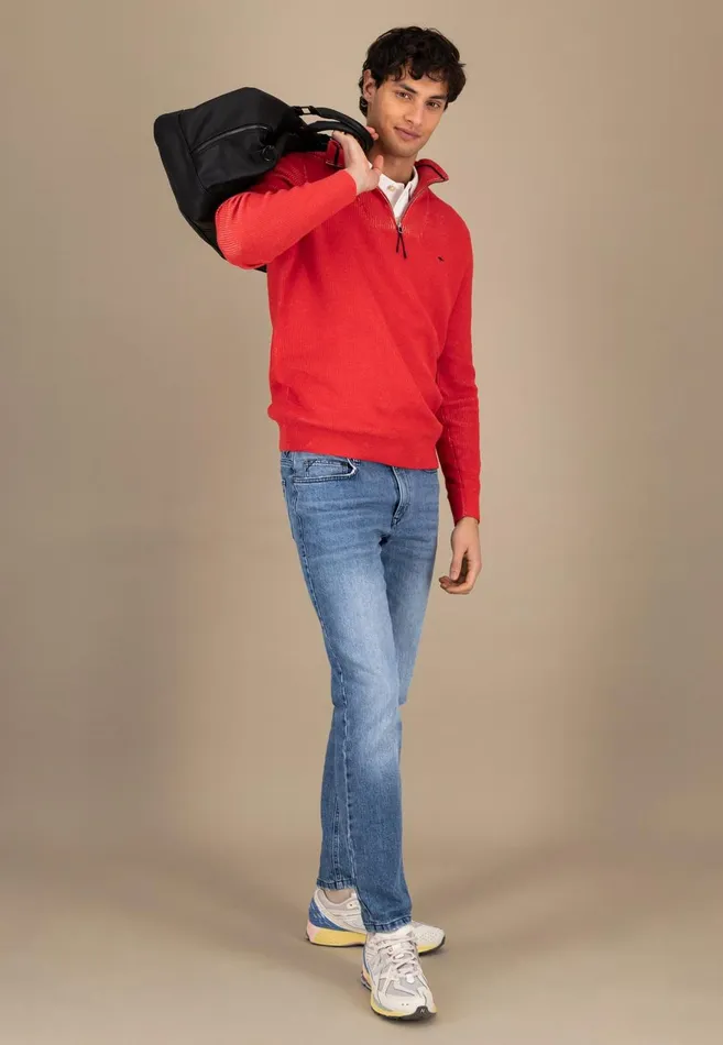 FYNCHHATTON Knitting Sweaters With A Troyer Collar And Logodail New Offwhitepoppy Rednavy Men Sweater