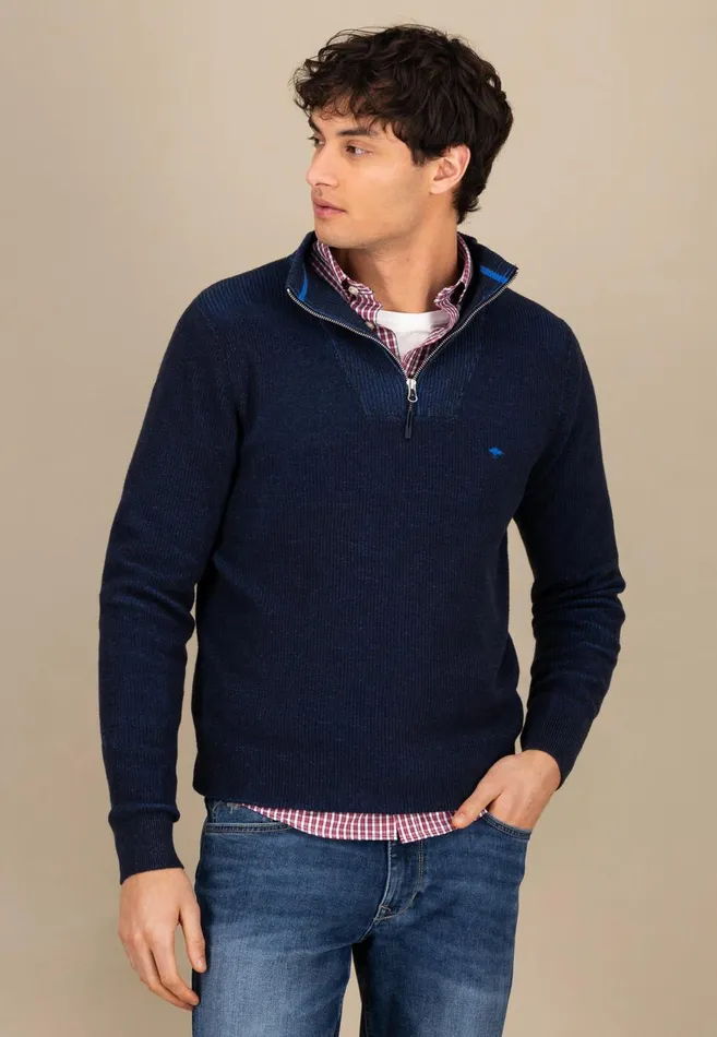 FYNCHHATTON Knitting Sweaters With A Troyer Collar And Logodail New Offwhitepoppy Rednavy Men Sweater