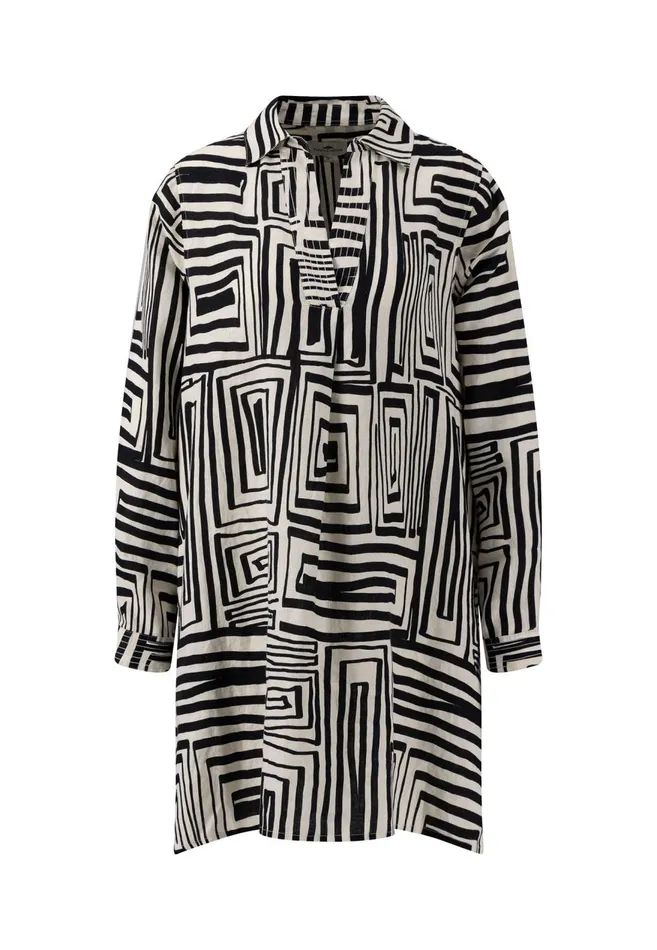 FYNCHHATTON Patterned Linen Dress With Tunic Collar Black Women Sale