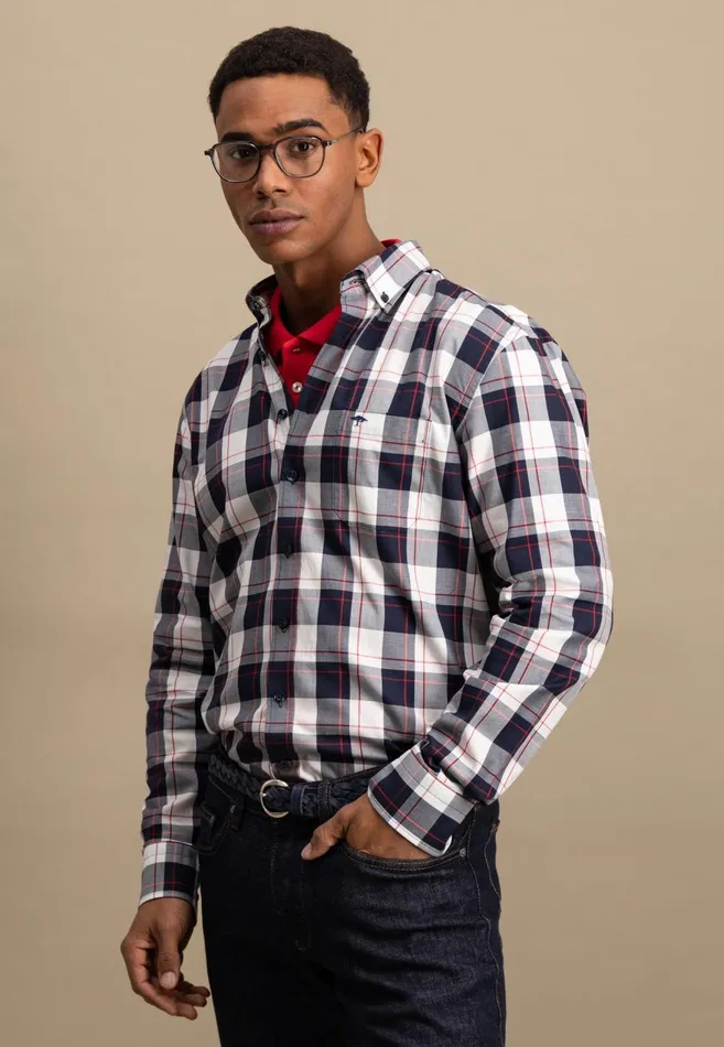 FYNCHHATTON Roughly Checked Shirt With Buttondown Collar New Offwhitenavy Men Shirts