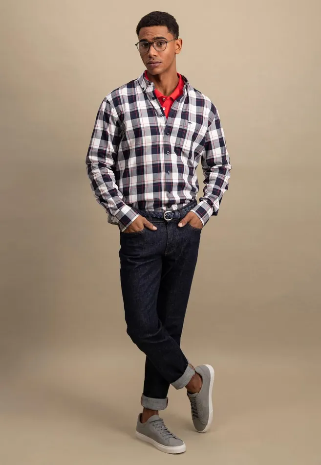 FYNCHHATTON Roughly Checked Shirt With Buttondown Collar New Offwhitenavy Men Shirts