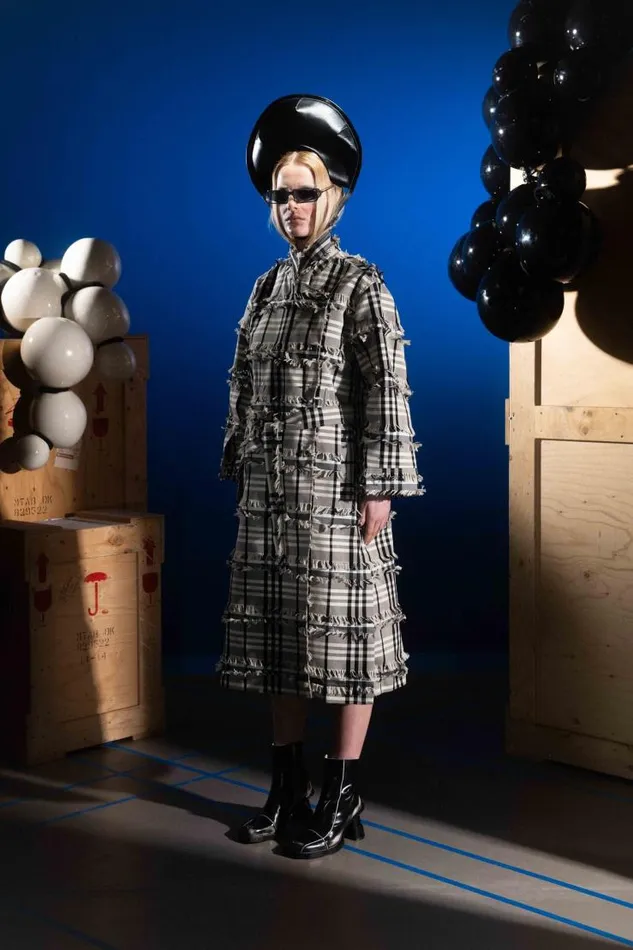 Henrik Vibskov Boutique Midnight Coat 8211 White Black Fringe Checks Women Jackets and Coats