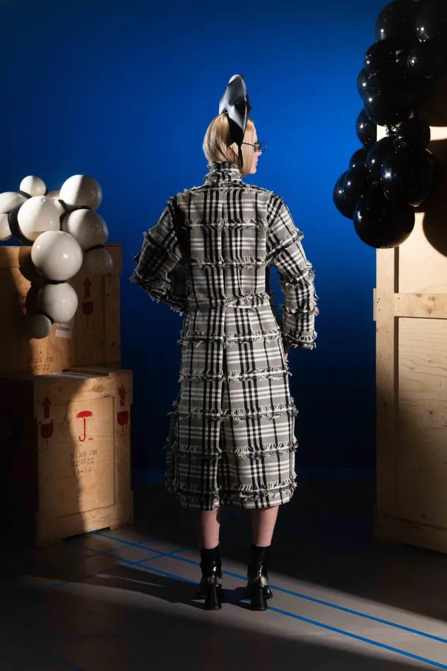Henrik Vibskov Boutique Midnight Coat 8211 White Black Fringe Checks Women Jackets and Coats