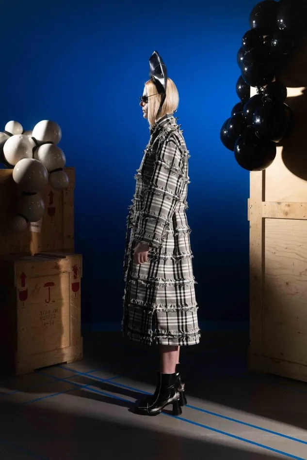 Henrik Vibskov Boutique Midnight Coat 8211 White Black Fringe Checks Women Jackets and Coats
