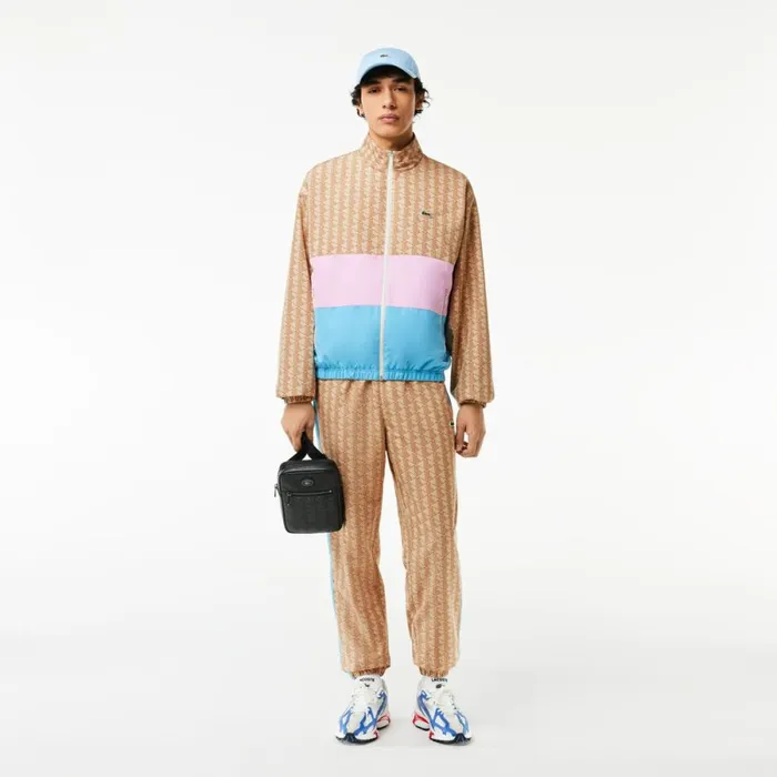 Jackets and Coats Men Lacoste Men039s Monogram Colorblock Track Jacket Beige Pink Blue Ire