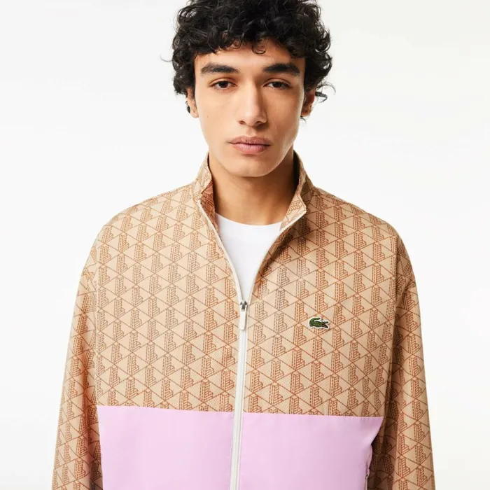 Jackets and Coats Men Lacoste Men039s Monogram Colorblock Track Jacket Beige Pink Blue Ire