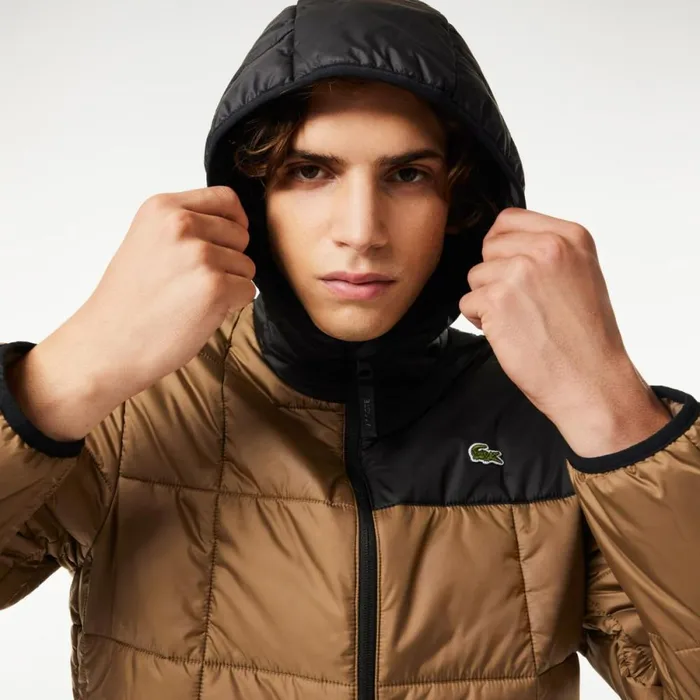 Jackets and Coats Men Lacoste Men039s Waterproof Padded Hood Puffer Jacket Brown Black Qin